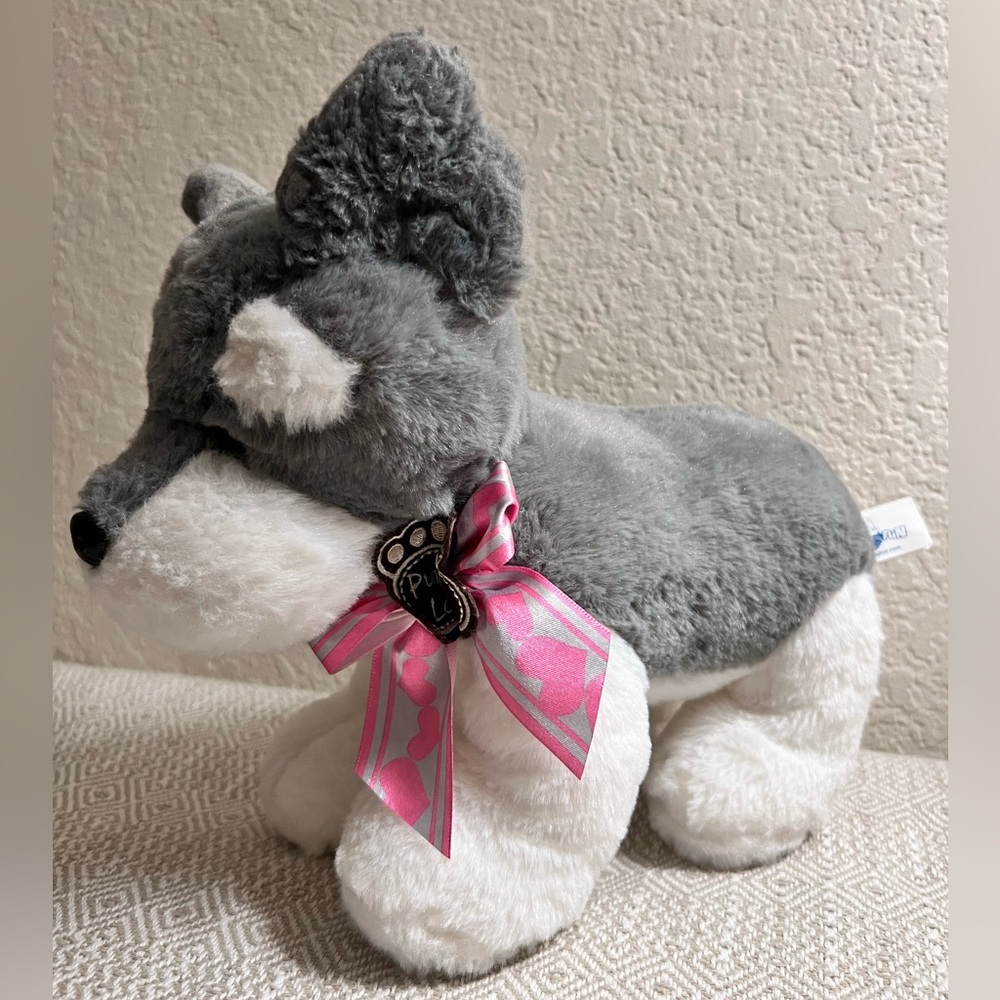 Hug Fun Gray and White Plush Dog Toy with Pink Ribbon
